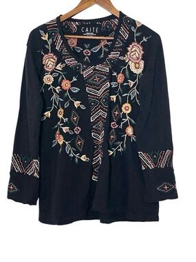 Caite "Isa" Black Embroidered Boho Peasant Blouse Cotton Folk Art Tunic XL